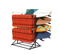 Rack professionale per lo stoccaggio di tavole da surf e giubbotti di salvataggio - Capacità: 4 tavole da surf e 10 giubbotti - Espositore autoportante per porti turistici e centri rafting