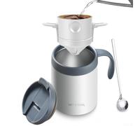 Rackumic Kit per la preparazione manuale della tazza da caffè in acciaio inossidabile con filtro e cucchiaio, tazza portatile isolata a doppia parete, per viaggi, campeggio, ufficio, bianco (bianco)