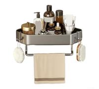 Rackumic Organizer triangolare in alluminio senza fori con ganci e barra porta asciugamani, drenaggio rapido, grigio per bagno (strato singolo)