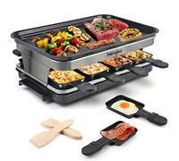 Raclette 8 Persone Piastra Raclette Grill in Alluminio, 8 Pentolini da Raclette, Calore Regolabile Continuo Termostato, 1500 Watt