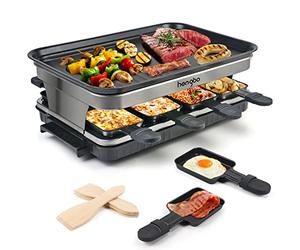 Raclette 8 Persone Piastra Raclette Grill in Alluminio, 8 Pentolini da Raclette, Calore Regolabile Continuo Termostato, 1500 Watt