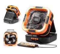 Raddy CF3 Ventilatore da campeggio ricaricabile 20.000 mAh, portatile, batteria integrata, pannello solare 3 W, USB, luce LED, 6 velocità, oscillazione 90°, tenda, BBQ, outdoor & emergenze, arancione