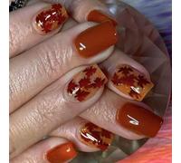 Radiance Leaf Design Press On Nails Tips 24Pcs unghie artificiali corte bara forma di bara scintillante unghie artificiali punta autunno scintillante breve quadrato unghia
