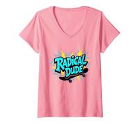 Radical Dude Skateboard Graffiti Art Urban Youth Maglietta con Collo a V, Donna, Rosa, XL