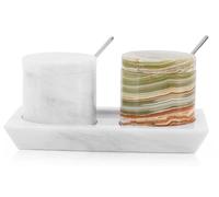Radicaln Set di 2 contenitori per sale in marmo con coperchio e vassoio, 7,6 cm, bianco e verde, set di 2 contenitori per sale per soggiorno, ideale per piano di lavoro della cucina