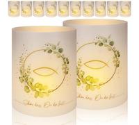 Radikor Lanterne Tavolo per Cresima e Comunione Set di 12, Lanterna Battesimo con Eucalipto per Tea Light, Decorazione Ragazzo Ragazza, Candele