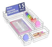 Radikor Organizer Cassetti 15 Pezzi, Organizer Trucchi Cassetti in Plastica Trasparente, 4 Dimensioni, Contenitori Cassetti per Bagno, Cucina, Trucchi, Scrivania