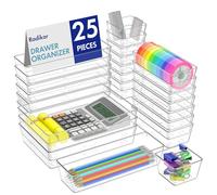 Radikor Organizer Cassetti 25 Pezzi, Organizer Trucchi Cassetti in Plastica Trasparente, Contenitori Cassetto Impilabili di 4 Dimensioni per Bagno, Cucina, Trucchi, Scrivania