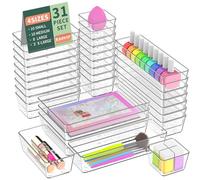Radikor Organizer Cassetti 31 Pezzi, Organizer Trucchi Cassetti in Plastica Trasparente, Organizer Cassetti Bagno Impilabili di 4 Dimensioni, Contenitori Cassetti per Bagno, Cucina, Trucchi, Scrivania