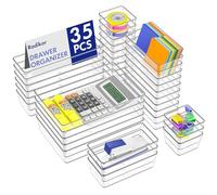 Radikor Organizer Cassetti 35 Pezzi, Organizer Trucchi Cassetti in Plastica Trasparente, 4 Dimensioni, Contenitori Cassetto per Bagno, Cucina, Trucchi, Scrivania