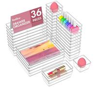 Radikor Organizer Cassetti 36 Pezzi, Organizer Trucchi Cassetti in Plastica Trasparente, Organizer Cassetti Bagno Impilabili di 4 Dimensioni, Contenitori Cassetti per Bagno, Cucina, Trucchi, Scrivania