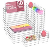 Radikor Organizer Cassetti 50 Pezzi, Contenitori per cassetti in Plastica Trasparente di 4 Dimensioni, Divisori per Cassetti Impilabili per Bagno, Cucina, Trucchi
