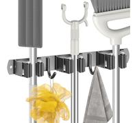 Radikor Porta Scope Parete, Portascope da Muro con 3 Supporti e 2 Ganci, Appendi Scope a Muro Autoadesivo, Appendiscope in Acciaio Inox Avvitabile, Ganci Porta Attrezzi da Giardino, Nero