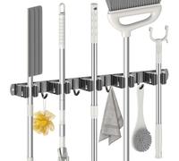 Radikor Porta Scope Parete, Portascope da Muro con 5 Supporti e 4 Ganci, Appendi Scope a Muro Autoadesivo, Appendiscope in Acciaio Inox Avvitabile, Ganci Porta Attrezzi da Giardino, Nero