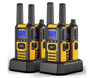 Radioddity HD-1 Walkie Talkie IP67 impermeabile, Set radio PMR robusto, antipolvere e antishock con chiamata di gruppo a un tasto, allarme vibrante, SOS, ricarica via base e USB-C (4 pezzi, giallo)