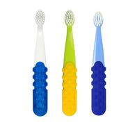 RADIUS Spazzolino da denti per bambini, Totz Plus, setole extra morbide, bianco/verde/azzurro, senza BPA e ADA, per denti e gengive delicati, per bambini dai 3 anni in su, confezione da 3