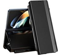 Radujy/Lovreko Luxury Electroplated Leather Magnetic Phone Case with Phone Stand and Pen Slot for Galaxy Z Fold 5/6/7,Anti-Fall Leather Case for Samsung (Black, for Z Fold3/W22)