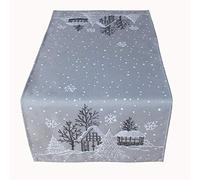 Raebel OHG Runner da tavola con ricamo a forma di villaggio invernale, abete bianco, decorazione natalizia (grigio chiaro-bianco, 40 x 140 cm)