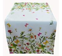 Raebel - Runner da tavola, tovaglia centrotavola, 40 x 90 cm, decorazione da tavola per Pasqua, primavera , bianca e colorata con fiori e farfalle