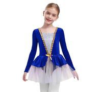 Raenseen Bambina Abito Ballo Maniche Lunghe in Seta con Scintille Tutu Abito Corto Pattinaggio Artistico Abbigliamento Danza Bambini Outfit Ballerina Blu Reale 7-8 Anni