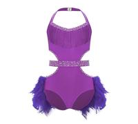 Raenseen Bambina Collare La Danza Tricot Leotard Con Piume E Scintille Collare La Danza Abito Latino Standard Vestito Ballroom Senza Schiena Outfit Scena Viola 9-10 anni