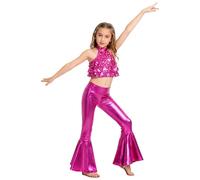 Raenseen Bambina s Disco Outfit Top Strisce con Glitter Corto con Leggings E Calze Fiocco Abito Danza Latina Jazz Modern Dance Costume Ballo Rosa Scuro 9-10 Anni