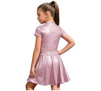 Raenseen Bambine Crop Top Metallici con Rock Plissé Lucente Abito Standard La Danza Outfit La Danza Bambine Maniche Corte Abiti Disco Che Scintillano Rosa 6-10 Anni