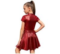 Raenseen Bambine Crop Top Metallici con Rock Plissé Lucente Abito Standard La Danza Outfit La Danza Bambine Maniche Corte Abiti Disco Che Scintillano Rosso 10-14 Anni