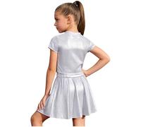 Raenseen Bambine Crop Top Metallici con Rock Plissé Lucente Abito Standard La Danza Outfit La Danza Bambine Maniche Corte Abiti Disco Che Scintillano Bianco 2-6 Anni