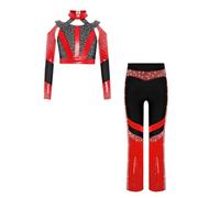 Raenseen Bambine Ragazze Scintillanti Strass Blocco Colore Jazz Hip Hop Balletto Danza Crop Top E Pantaloni A Zampa Set Costume Da Performance Nero 5-6 anni