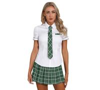 Raenseen Costume Da Scolaretta Donna Sexy Camicia A Maniche Corte A Quadri Con Gonna Plissé Cravatta Set Uniformi Scolastiche Cosplay Lingerie Sexy Babydoll Verde S