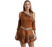 Raenseen Costumi indigeni indiani per donna Savage Halloween Cosplay Abito aborigeno Hunter Abito con frange senza maniche con una spalla Marrone 3XL