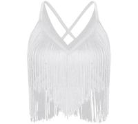 Raenseen Donna Latino Ballo Top Senza Maniche Canotta con Frange Scollo A V Danza del Ventre Reggiseno Competizioni Esibizione Costume da Ballo Bianco S