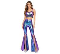 Raenseen Donna Outfit Rave Costumi Feste Edm Set Top Corto E Pantaloni Gambo Largo Costumi Con Set Pantaloni Due Pezzi Outfit Disco Casuale Blu XXL
