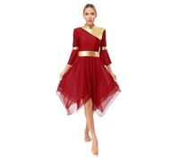 Raenseen Donne Metallico Liturgico Lode Abito Lirico Abiti da Ballo 3/4 Maniche A Svasato Abbigliamento Casual Chiesa Adorazione Preghiera Vestiti Abbigliamento da Danza Borgogna S