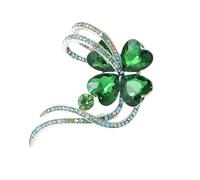 Raffinata spilla a forma di quadrifoglio con strass, da donna, con cristallo verde argentato, a forma di trifoglio, cuore e foglia, ottima idea regalo per San Patrizio, One Size, Metallo