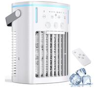 Raffreddatore d'aria portatile con serbatoio da 1000 ml e telecomando, 3 velocità, timer, 3 teste di spruzzo e luci a 7 colori per il raffreddamento mobile di casa e dormitorio