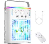 Raffrescatore D'aria Evaporativo Portatile con Telecomando, Serbatoio D'acqua da 1000Ml, Ventilatore a 3 Velocità, 3 Impostazioni del Timer e Luce Led a 7 Colori per Casa, Ufficio e Dormitorio