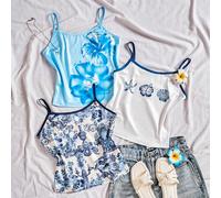 Ragazza adolescente Statua dell'angelo francese blu, motivo floreale acquerello crema e blu, motivo a conchiglia blu, canotta a contrasto sexy, stile vintage vintage, stile casual da resort, stile sex