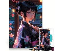 Ragazza anime in kimono︰ Incantevole fanciulla Sakura Puzzle per adulti 1000 pezzi Gioco di concentrazione Taglio di precisione Bordi lisci Divertente sfida per il tempo di attesa (38x52cm)