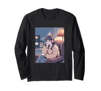 Ragazza Anime Lo Fi con Cuffie Interno Notte Piovosa Maglia a Manica