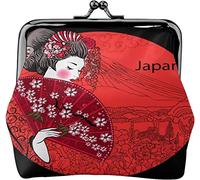 Ragazza asiatica giapponese con ventaglio rosso Fibbia a forma di fiore Portamonete in pelle Custodia vintage Portamonete con chiusura a bacio Mini Portafogli per donne Ragazze