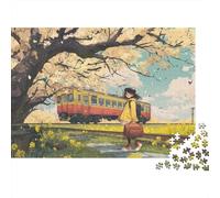 Ragazza Carina che Fa un Picnic, Rapeseed Fiori Cherry Blossoms Treno Puzzle Sostenibili Con Motivi Per Adulti Da Gioco in Legno Di Alta Qualità 1000pcs (75x50cm)