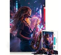 Ragazza che suona il sassofono in una città al neon - Puzzle da 1000 pezzi per adulti - Migliora la memoria, allevia l'ansia - Decorazione murale con bordi netti (50x75cm)