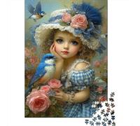 Ragazza con Uccello Blu Puzzle 1000 Pezzi Rosa Rosa Puzzle per Adulti Relax Decorazione Casa Regalo 38x26cm/1000pcs