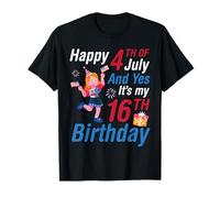 Ragazza e bandiera degli Stati Uniti Happy 4th of July Yes It's My 16th Birthday Maglietta