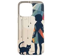 Ragazza e gatto sotto la pioggia con ombrello gattino carino Custodia per iPhone 15 Pro Max