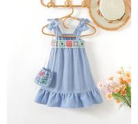 Ragazza giovane, abito dritto con motivo floreale in jacquard lavorato a maglia, più borsa abbinata, abito casual comodo a-line adatto per l estate, vacanza o regalo 6Y,7Y,4Y,5YFloreale,Tribale,Piante
