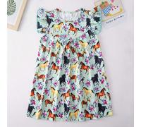 Ragazza giovane adorabile vestito estivo con maniche flutter a grafica pony, vestiti estivi - regalo 6Y,7Y,4Y,5Y,2-3YAnimale,Fumetto,Geometrico,stampa dappertuttoPoliestere