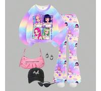 Ragazza giovane torna a scuola, ragazza cartoni animati, viola vibrante, superstar K-Pop, set da 2 pezzi di felpe girocollo casual e morbide a manica lunga, adatte per autunno/inverno, stagione accogl
